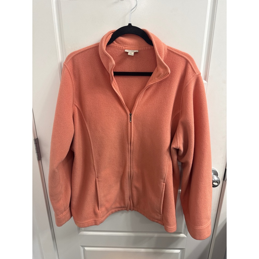 LL Bean Womens 1X Coral Pink Full Zip Fleece Jacket Mock Neck Soft Warm Outdoor